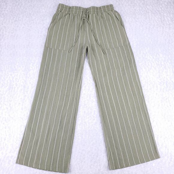 Ruby & Wren Gauzy Crop Drawstring Wide Leg Pants Wmns M Green/White Stripe Beach - Picture 1 of 12